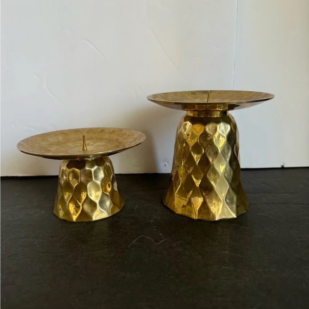 Vintage Brass Hammered Candle Sticks, pair